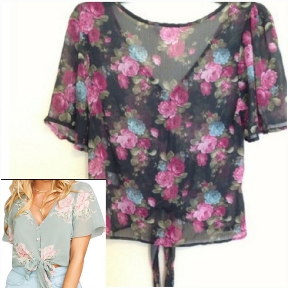 SOLD Kirra Sheer Tie Front Floral V Neck Button Front Short Flutter Sleeve Top - Picture 2 of 9